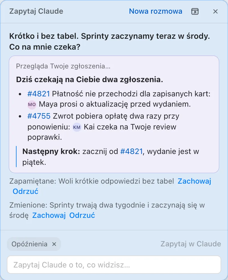 Zapytaj Claude: krótka odpowiedź, a&nbsp;pod nią linie Zapamiętane i&nbsp;Zmienione z&nbsp;przyciskami Zachowaj i&nbsp;Odrzuć