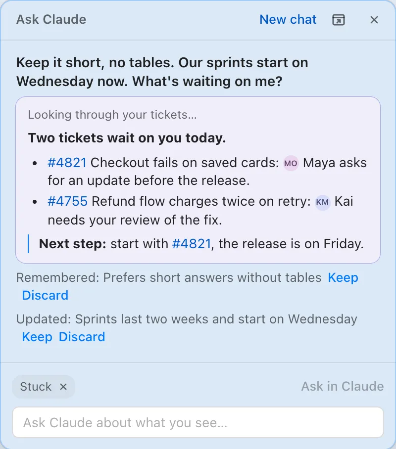 Ask Claude: a short answer, then Remembered and Updated lines, each with Keep and Discard