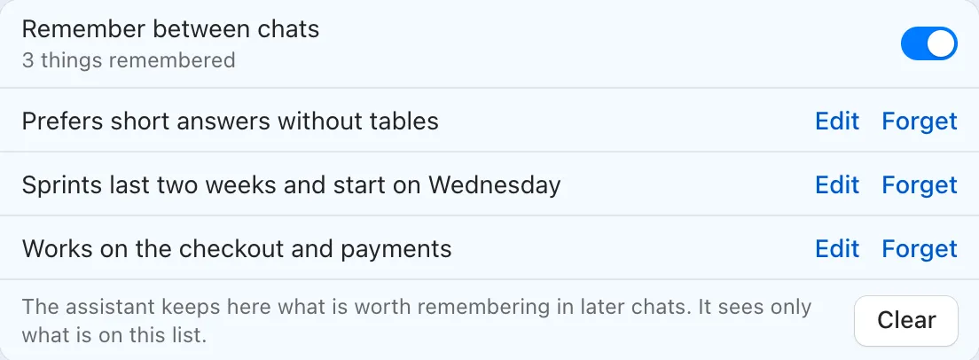 Chat memory in Settings: Remember between chats, three remembered lines with Edit and Forget, and Clear