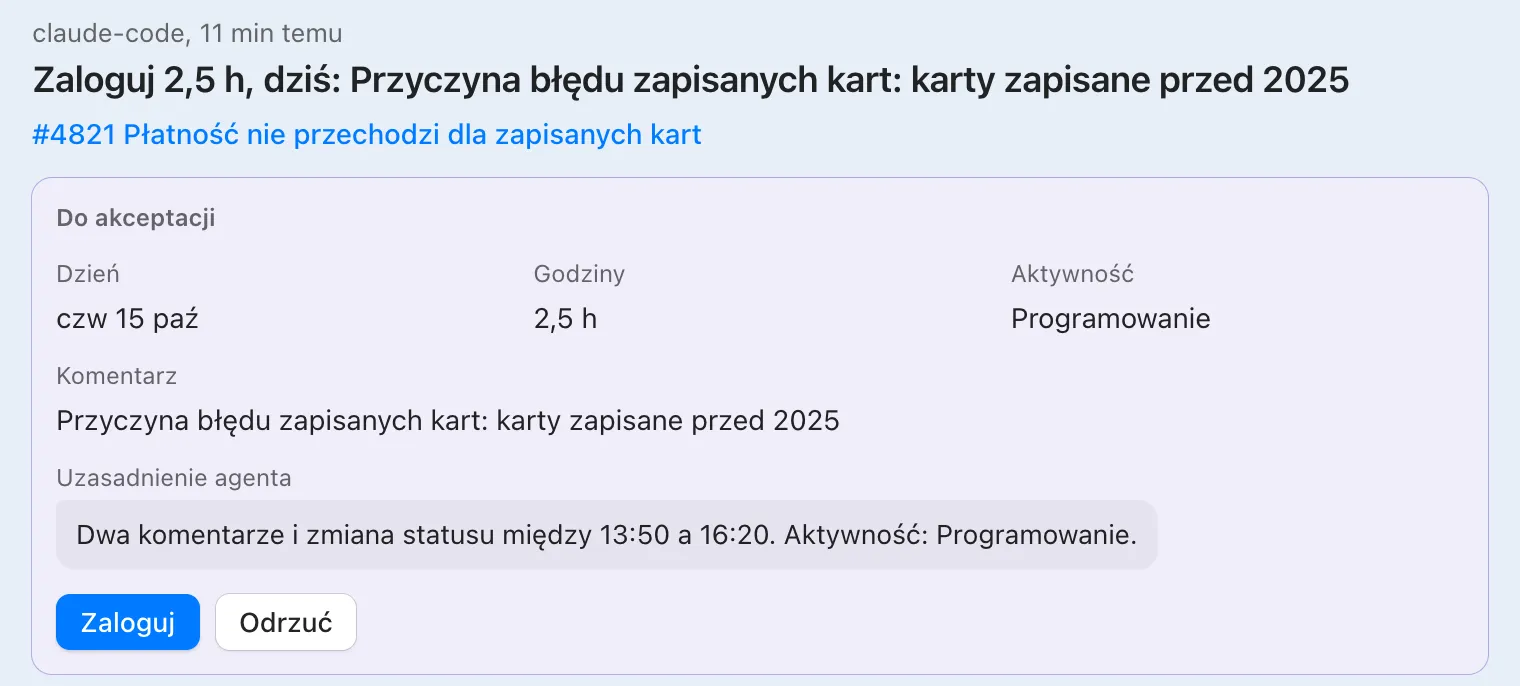Propozycja zalogowania 2,5 h w&nbsp;#4821 z&nbsp;uzasadnieniem agenta i&nbsp;przyciskami Zaloguj i&nbsp;Odrzuć