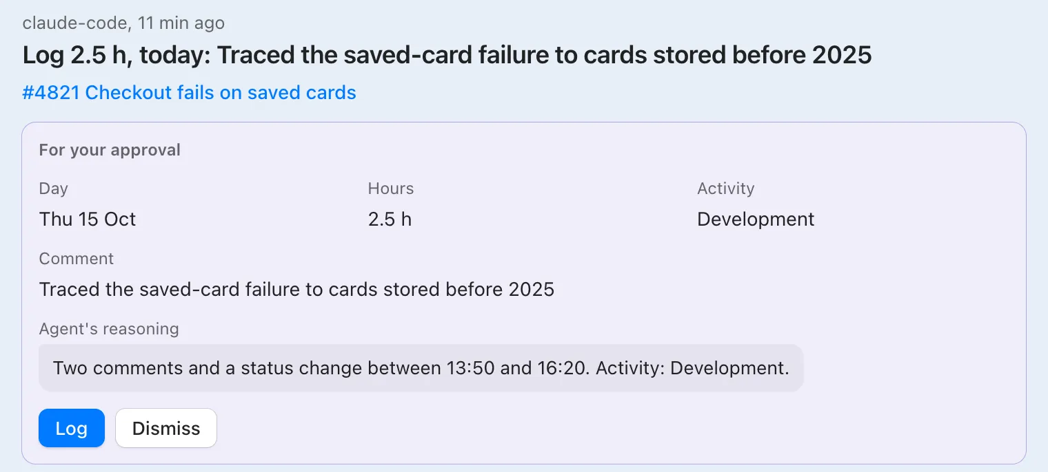 A proposal to log 2.5 hours on #4821, with the agent's reasoning and Log and Dismiss buttons