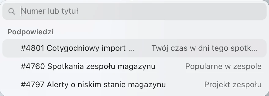 Podpowiedzi do Przeglądu stanów magazynu: #4801 Cotygodniowy import cen, Twój czas w dni tego spotkania; #4760 Spotkania zespołu magazynu, popularne w zespole; #4797 Alerty o niskim stanie magazynu, projekt zespołu