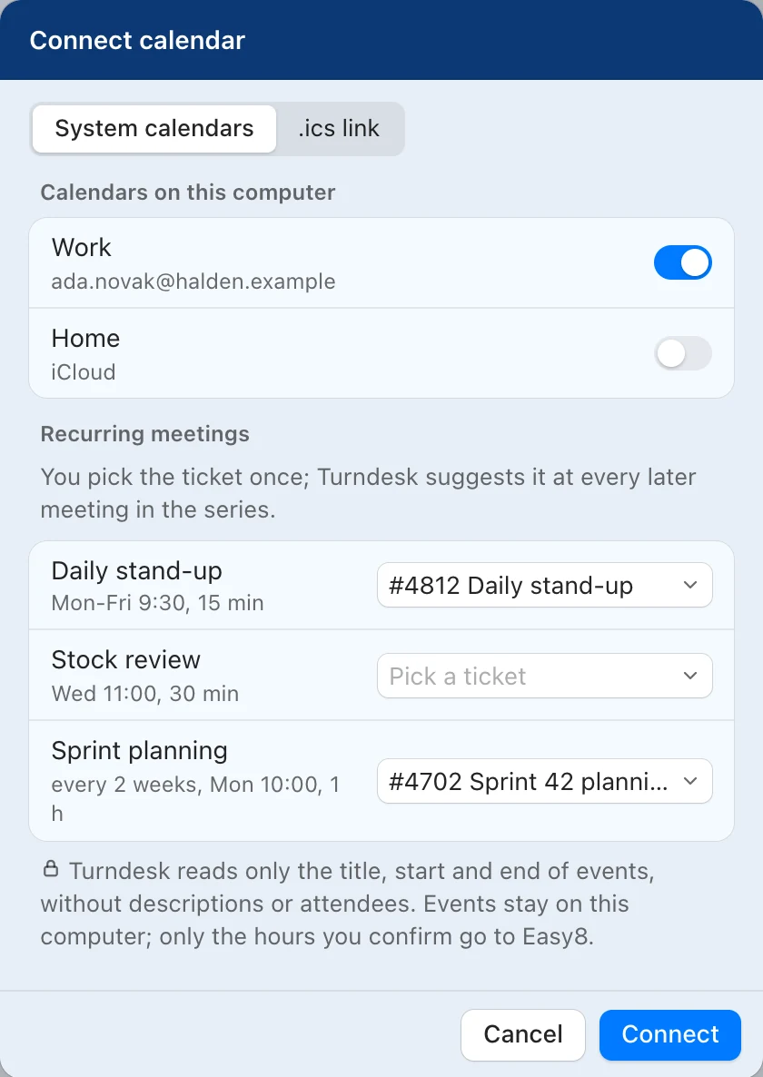 Connect calendar: the Work calendar is on, and three recurring meetings list their tickets, with Stock review still unpicked