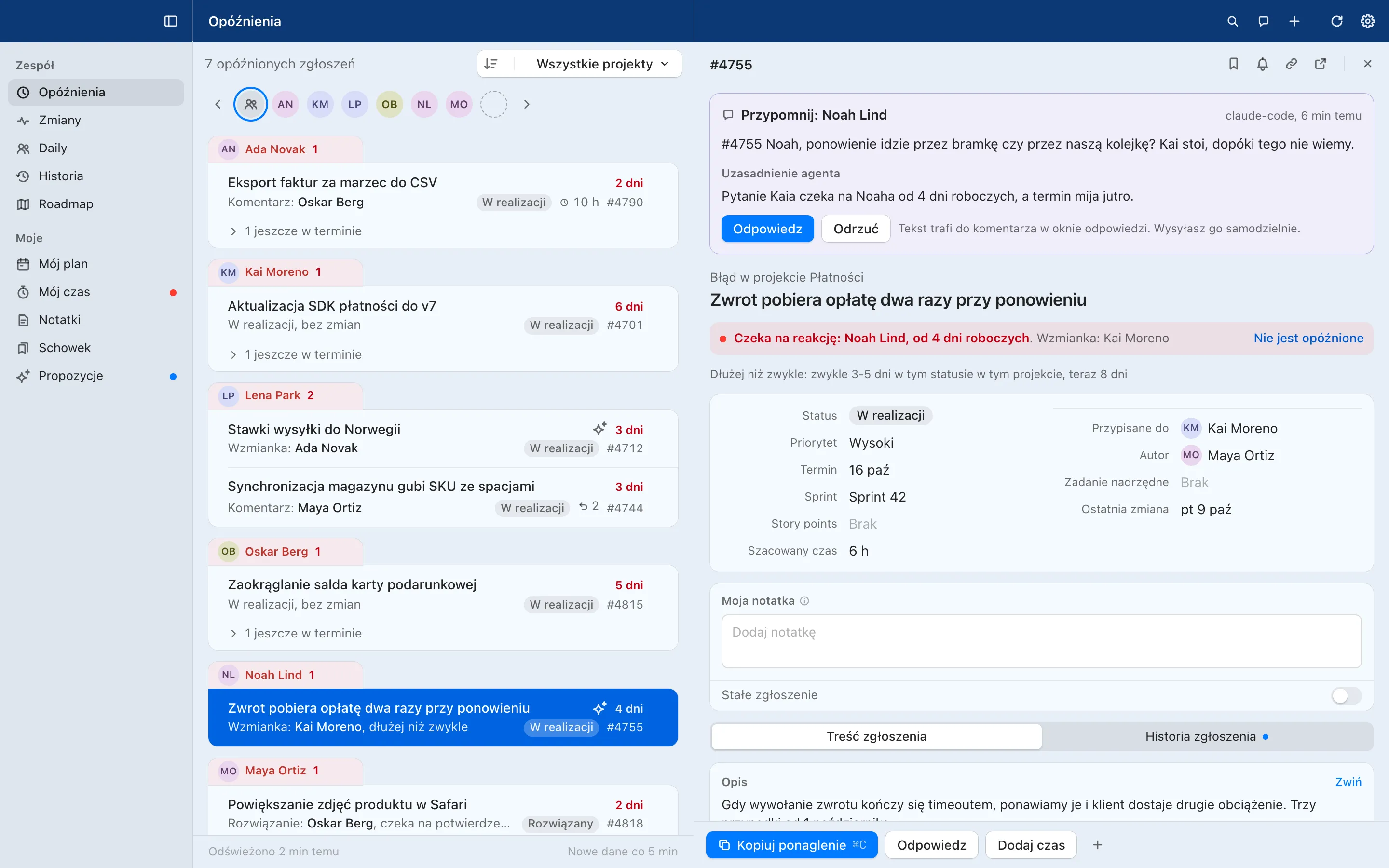 Turndesk, widok Opóźnienia ze zgłoszeniem #4755 i&nbsp;szkicem ponaglenia