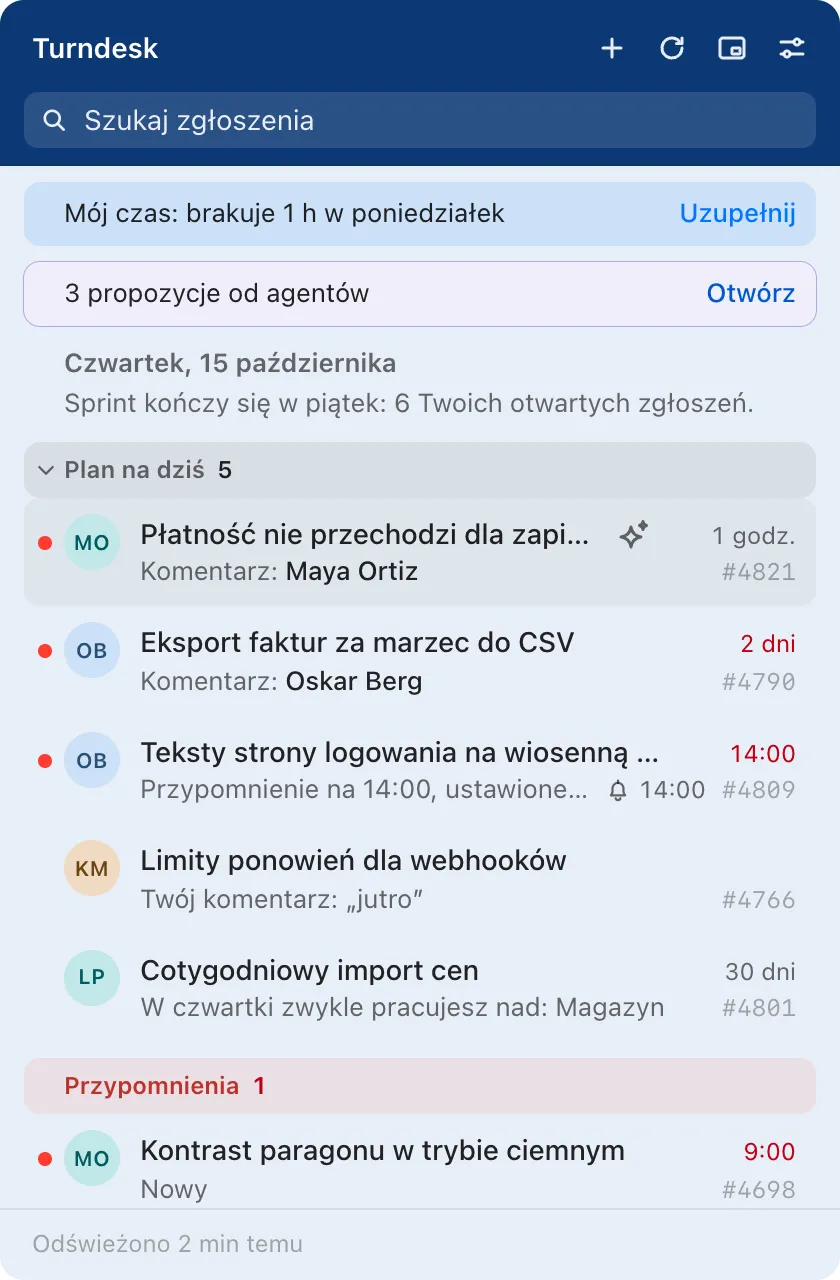Turndesk Tray z&nbsp;porannym podsumowaniem, planem na dziś z&nbsp;pięcioma zgłoszeniami i&nbsp;ich powodami oraz przypomnieniem na 9:00