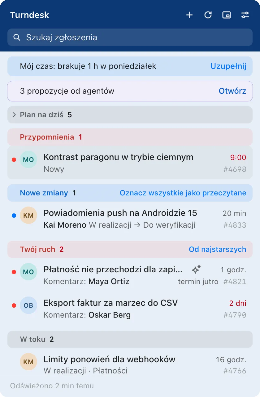 Turndesk Tray: brakujące godziny z&nbsp;poniedziałku, trzy propozycje agentów, przypomnienie, jedna nowa zmiana i&nbsp;dwa zgłoszenia czekające na Twój ruch